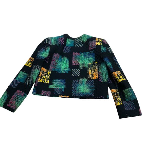 Vintage Quilted Patchwork Crop Jacket Geometric Print Cropped Coat | Size 8 - - Picture 3 of 5